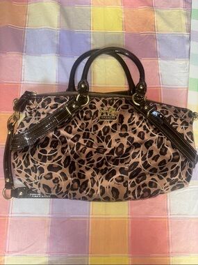 Coach Leopard-Print Satchel MADISON Ocelot with Dark Brown Patent Trim